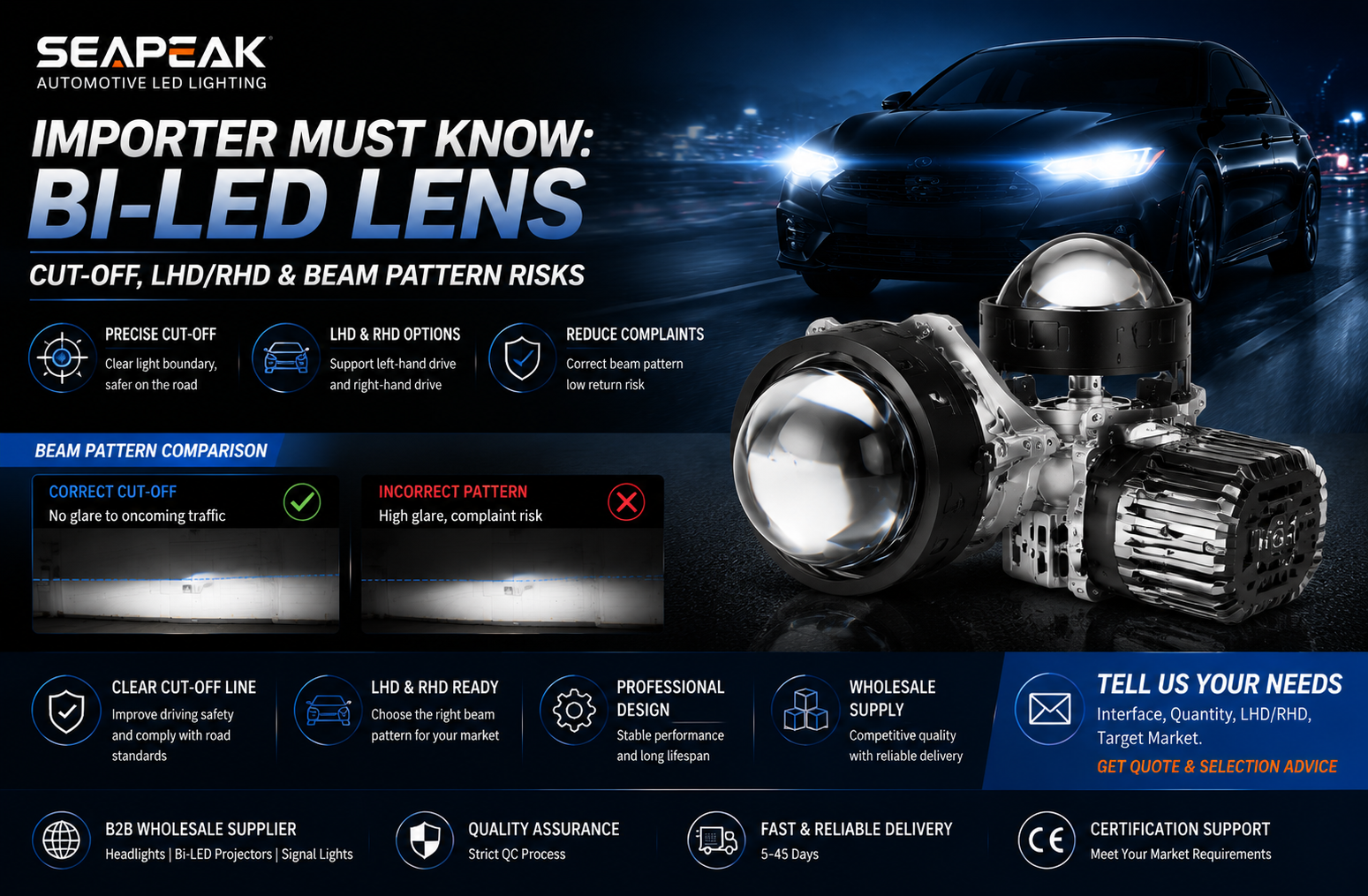 For importers: Bi-LED projector cut-off, LHD/RHD and wholesale beam-pattern risk